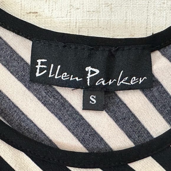 Ellen Parker dress sleeveless stretchy white/black stripes sheer black trim - Picture 3 of 13
